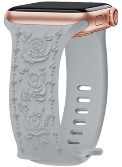 Siliconen bandje - geschikt voor Apple Watch series 1/2/3/4/5/6/7/8/9/10/11/ SE (1,2,3) / Ultra (1,2,3) met maat 44 mm / 45 mm / 46 mm / 49 mm - rozen patroon - mist grijs