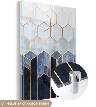 MuchoWow® Glasschilderij 120x160 cm - Schilderij acrylglas - Hexagon - Gold - Luxe - Patronen - Foto op glas - Schilderijen