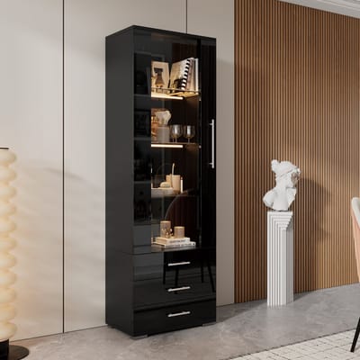 MODENUIT Vitrinekast - Met Ledverlichting En 3 Lades - Voor Woonkamer En Werkkamer - MDF Zwart - 60x35x180 Cm