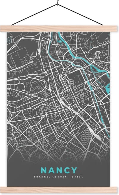 Posterhanger incl. Poster 40x60 cm - Schoolplaat - Nancy - Frankrijk - Plattegrond - Kaart - Stadskaart - Textielposter - Blanke latten - Stadskaart