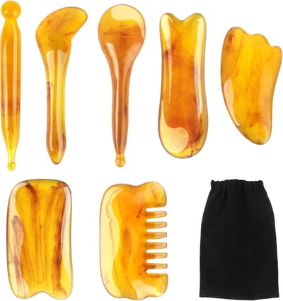 7-delige Gua Sha Massagetoolset – Natuurlijke Hars Schrapers – Gezicht & Lichaam – Meridianen Ontstoppen & Vermoeidheid Elimineren