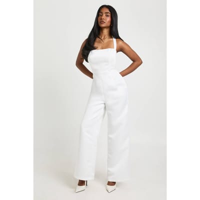 boohoo Dames Premium Satijn Gestutst Korset Halterneck Jumpsuit met Wijde Pijpen | Wit | Maat: 36