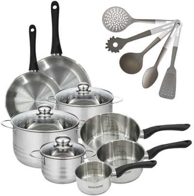 Set van 2 Pannen 20/24 cm, 3 Braadpannen 16/20/24 cm & 3 Steelpannen 12/16/20 cm Fackelmann Geneva en 5 Keukengerei