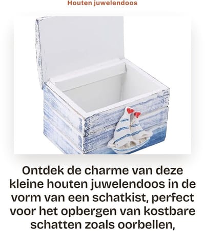 Dailygoods- Juwelendoos Houten Piratenschip - Sieradendoosje - Opbergdoos - Houten Doos - Miniatuur Kist - 7,3 x 5,5 x 5,2 cm