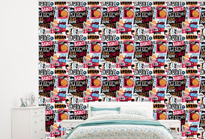 Behang - Fotobehang Basketbal - Quotes - Patroon - Alfabet - Breedte 300 cm x hoogte 240 cm