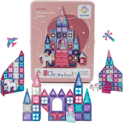 LearnetiQ Prinsessen - 54 stuks - Mini Magnetic Tiles - Deluxe Travel Set – Magnetisch Speelgoed – Reisset - Speelgoed voor onderweg - Speelgoed voor in de auto in het vliegtuig - Compatibel met Magna Tiles Travel Set – Mini Tiles - Speelgoed Cadeau