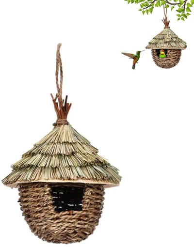Vogelnest - Hangend vogelhuisje - Vogelnest voor buiten - Kolibriehuisje van stro - Vogelnest van stro - Handgemaakt vogelnest - Tuindecoratie - 17*17*22 cm - Geschikt voor grasparkieten, kanaries, enz. - Bruin
