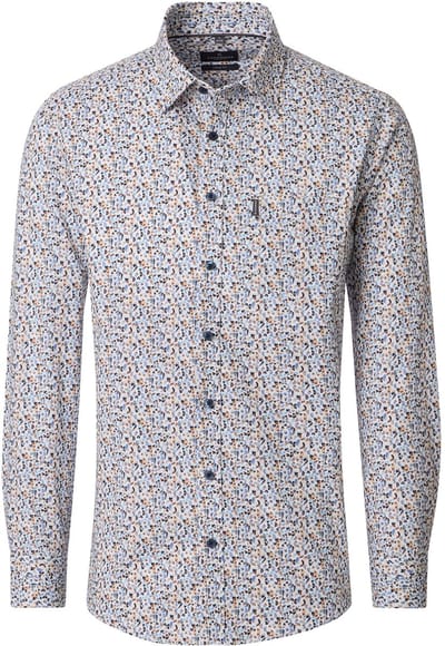 CASA MODA Sport casual fit overhemd - popeline - wit met blauw en bruin dessin - Strijkvriendelijk - Boordmaat: 49 - 50