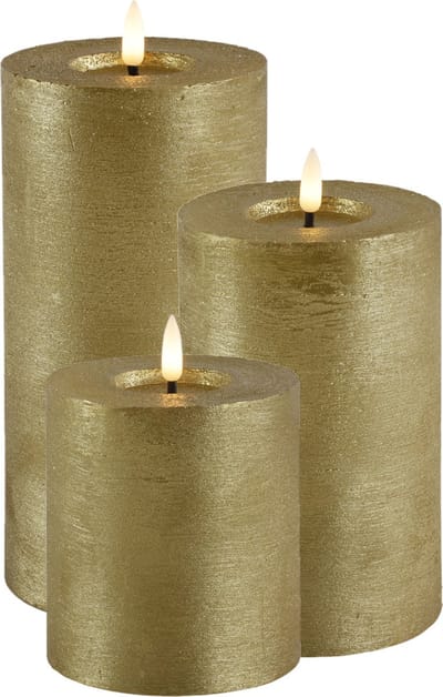 LED kaars/stompkaars set - 3x st - goud - H10, H15 en H20 cm - timer - warm wit