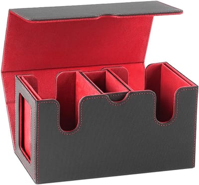 Magnetische PU Kaartopslagdoos voor Commander Decks met Dobbelstenenbak en 4 Kaartverdeler, Geschikt voor 100 Kaarten en Dubbele Case (Zwart/Rood)