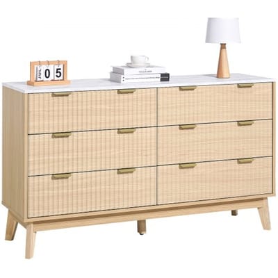 VEVOR ladekast met 6 gecanneleerde lades en schuif- en kantelbeveiliging, minimalistische moderne ladekast (399 x 1372 x 813 mm) organizer voor woonkamer, slaapkamer en gang (licht hout)