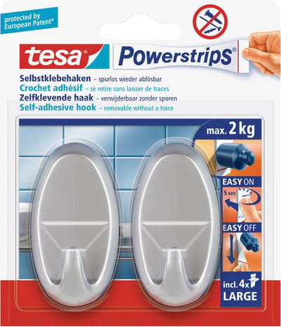 Tesa Powerstrips - 4x stuks - mat chroom - haken ovaal large - Klusbenodigdheden - Huishouden - Verwijderbare haken - Opplak haken 2 stuks
