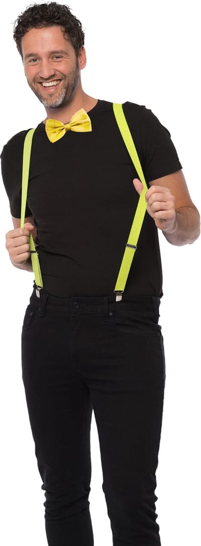 Carnaval verkleedset bretels en strik - geel - volwassenen/unisex - feestkleding accessoires
