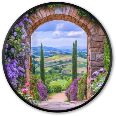 Poster in lijst Rond - Fotolijst 60x60 cm - Posters - Doorkijk - Toscane - Landschap - Poort - Ronde posterlijst zwart - Decoratie - Wanddecoratie woonkamer - Muurdecoratie slaapkamer
