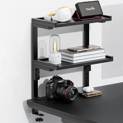 Bureauplank Organizer met 2 Tiers - Houten Opbergrek voor Buro Accessoires - Zwart