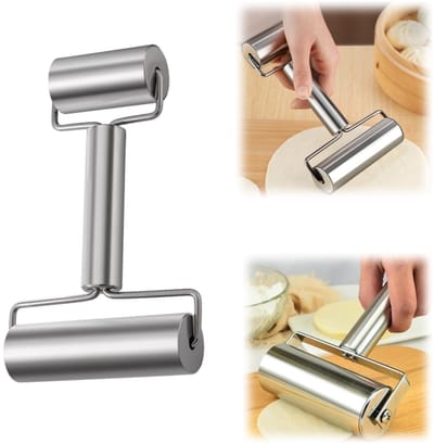 Deegroller - deeg bak rollers - roestvrijstalen deegroller - gebakroller - Dubbelkoppig rol - geschikt voor pizza, deeg, fondant, cake, koekjes, pasta (18,2*3,2 cm - zilver)
