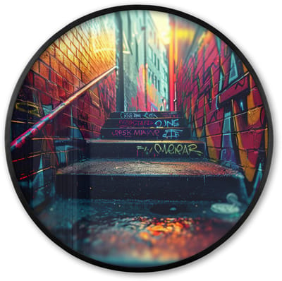 Poster in lijst Rond - Fotolijst 60x60 cm - Posters - Architectuur - Neon - Trap - Graffiti - Ronde posterlijst zwart - Decoratie - Wanddecoratie woonkamer - Muurdecoratie slaapkamer