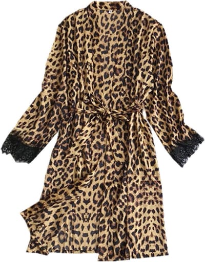 Dames Badjas - Morgenjas Kimono - Ontspannen Thuis - Lichtgewicht Dun Stof - Lange Mouw - Bruin Luipaard