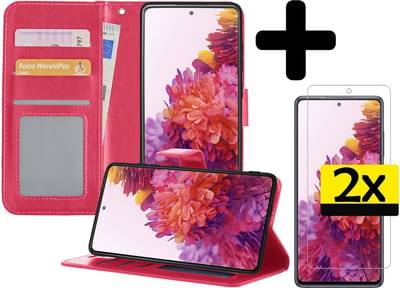 Hoesje - Met 2x Screenprotector - Geschikt voor Samsung Galaxy S20 FE - Luxe Pasjeshouder - Bookcase Portemonee - Flip Case - Kunstleer Book Case - Flipcase Hoes - Book Cover - Walletcase - Portemonneehoes - Telefoonhoesjes - Donkerroze