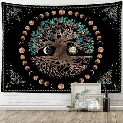 Mysterieuze Boom van het Leven Wandtapijt Wandhanger Boheems Sprookjespaddestoelenbos Hekserij Mysterieuze Slaapzaal Woondecoratie 95x73CM black