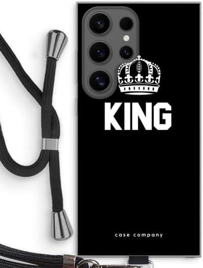 Case Company® - Hoesje met koord geschikt voor Samsung Galaxy S24 Ultra hoesje met Koord - King zwart - Telefoonhoesje met Zwart Koord - Bescherming aan alle Kanten en Over de Schermrand
