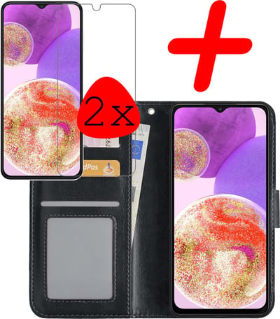 Hoesje Met 2x Screenprotector - Geschikt voor Samsung Galaxy A23 - Luxe Pasjeshouder - Bookcase Portemonee - Flip Case - Kunstleer Book Case - Flipcase Hoes - Book Cover - Walletcase - Portemonneehoes - Zwart