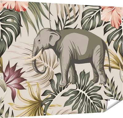 Gards Tuinposter Tropisch Getekende Olifant - Abstract - 150x120 cm - Tuindoek - Tuindecoratie - Wanddecoratie buiten - Tuinschilderij