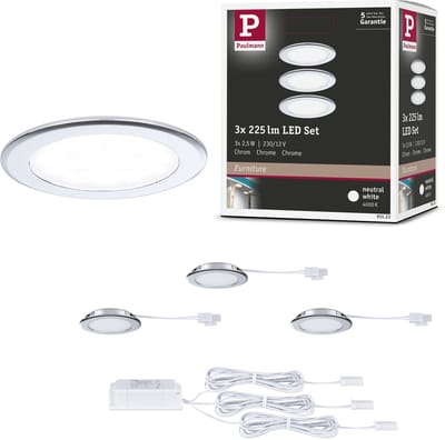 LED-meubelinbouwlampen Set van 3 rond 65 mm 3x2,5W 3x180lm 230/12V 4000K Chroom