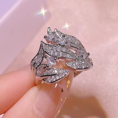 nieuwe creatieve diamant-belegde rijstkorrel bloem rotan ring dames witte zirkonia ring feest verjaardag sieraden cadeau 9 gray