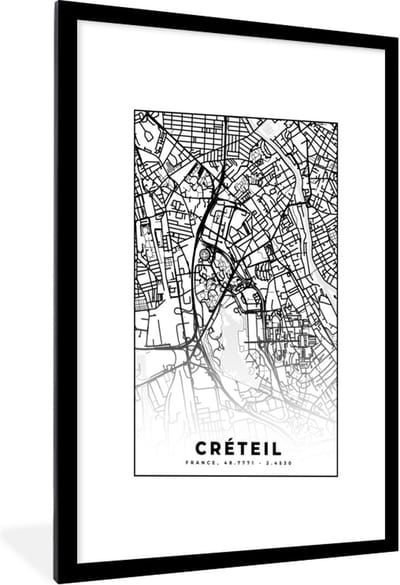 Fotolijst incl. Poster Zwart Wit- Stadskaart - Créteil - Plattegrond - Kaart - Frankrijk - Zwart wit - 60x90 cm - Posterlijst