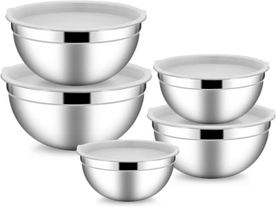Set van 5 RVS Mengkommen met Deksel, Ideaal voor Salades, Koken en Serveren, Transparante Deksel