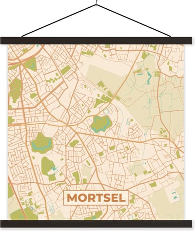 Posterhanger incl. Poster 60x60 cm - Schoolplaat - Mortsel - Plattegrond - Stadskaart - Kaart - België - Textielposter - Zwarte latten - Stadskaart