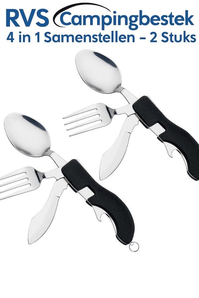 RVS camping bestek - 2 stuks - (mes, vork, lepel en flessenopener) opvouwbaar - 4 in 1 - kamperen bestek - outdoor - reizen bestek