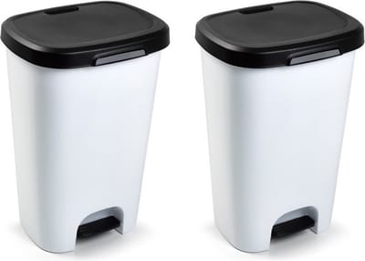 Kunststof afvalemmers/vuilnisemmers wit 50 liter met zwarte deksel en pedaal - 2x stuks - Vuilnisbakken/prullenbakken