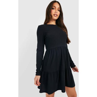 boohoo Dames Tall Soft Rib Langarm Gelaagde Mini Smock Jurk | Black | Maat: 14
