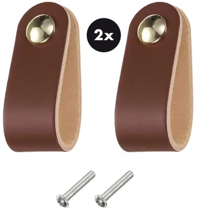 Actie4you® - Leren Handgrepen – Meubelgreep – Handvaten Kast – Keukengreep – Ladegreep – Leren Lus – Incl. sierschroeven - Set van 2 – Buffel Leer – Donker Bruin