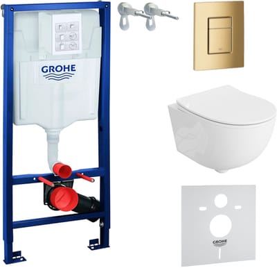 Inbouwreservoir Complete Toiletset Grohe Solido 39069000 - Inbouw WC Hangtoilet Wandcloset Brava Wit Hoogglans - Bedieningsplaat Skate Cosmopolitan 38732GL0 Gouden - Voorwandelement