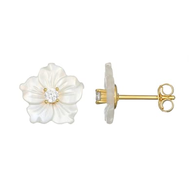 Cavill - Vergulde Zilveren Oorbellen - 12 mm Parelmoer met 0,15 ct Zirkonia - Elegante Bloemvorm - Dames Sieraden Met Glans