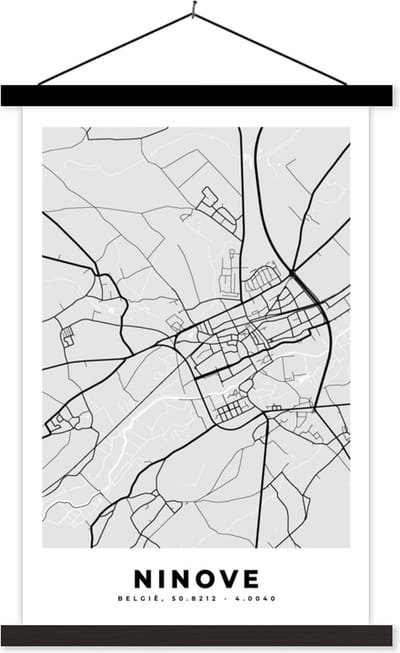 Posterhanger incl. Poster 40x60 cm - Schoolplaat - Stadskaart – Plattegrond – België – Zwart Wit – Ninove – Kaart - Textielposter - Zwarte latten - Stadskaart