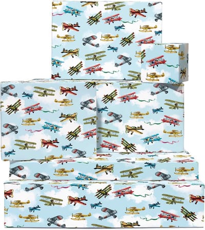 Wrapping Paper for Kids, 6 Sheets Gift Wrapping and Labels, Vintage Airplane, Boys Birthday, Gift Wrapping for Him, Birthday Gift for Men, Comes with Stickers, Recyclable