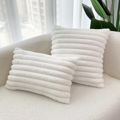 WiseGoods Luxe Pluche Kussensloop 30x50CM - Imitatiebont Sierkussenhoes - Fluffy Hoes - Kussenhoes Met Gestreepte Rand - Wit