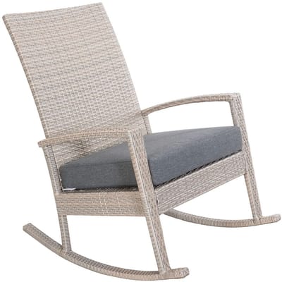 Luna Rocking chair - Schommelstoel buiten- Cream poly rattan - Grijs Kussen - Tuinstoel schommelstoel - tuinmeubelen - loungemeubel outdoor voor terras, balkon, wintertuin