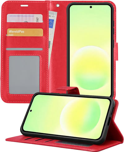 Hoesje - Met Pasjeshouder - Geschikt voor Samsung Galaxy A57 - Luxe Bookcase Portemonee - Flip Case - Kunstleer Book Case - Flipcase - Book Cover - Walletcase - Portemonneehoes - Telefoonhoesjes - Rood