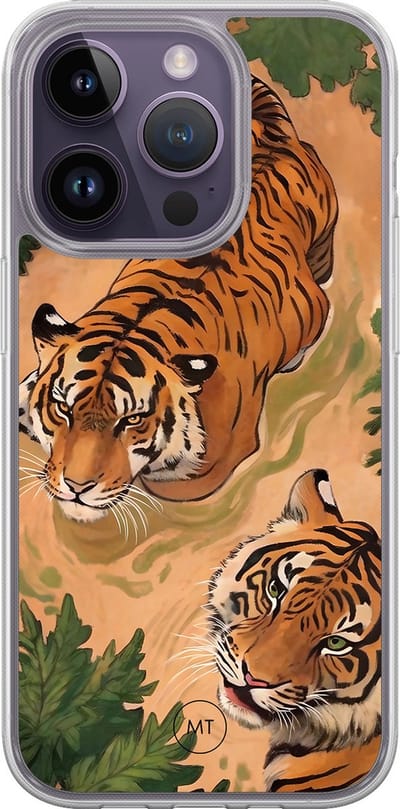 Hybride hoesje geschikt voor iPhone 14 Pro - Wild tigers - Extra bescherming - Luxe beschermhoes - TPU case - Transparant, Oranje - Mooie Telefoonhoesjes