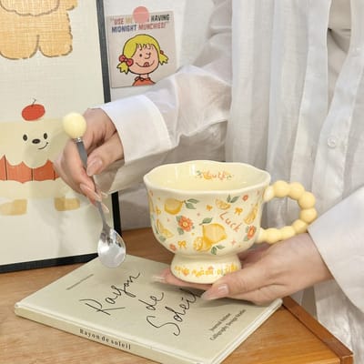 Tasse en Céramique Fruit d'Été Venteuse Tasse pour Filles Hautaines Tasse à Eau pour Couple Tasse à Petit Déjeuner pour la Maison et les Enfants 301-400ml