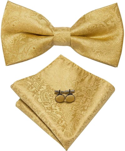Sorprese Vlinderdas Set - Inclusief Pochet en Manchetknopen - 100% Zijde - Paisley Goud - Luxe Heren Accessoireset - Strik - Vlinderstrik