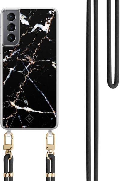 Casimoda® hoesje met zwart koord - Geschikt voor Samsung S21 Plus - Marmer Zwart - Afneembaar koord - TPU/polycarbonaat - Zwart