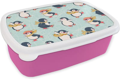 Broodtrommel Roze - Lunchbox - Brooddoos - Kinderen - Pinguïn - Schaatsen - Winter - Patronen - 18x12x6 cm - Kinderen - Meisje