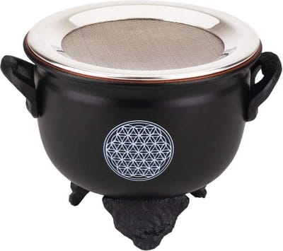 Wierookbrander Flower of Life zwart met zeef - voor het branden van wierook - HTML content wierookbrander met zeef