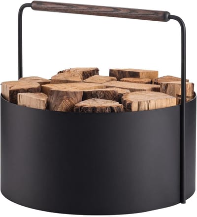 Houten mand - Brandhoutmand Opslagmand - Haardhout Opslag - Eikenhouten handgreep - 48 x 45 x 42 cm - Bruin